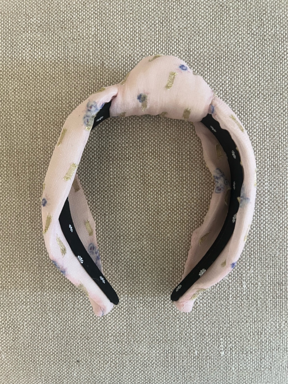 LoveShackFancy x Lele Sadoughi Pink Floral Padded Knot Headband w Gold Details